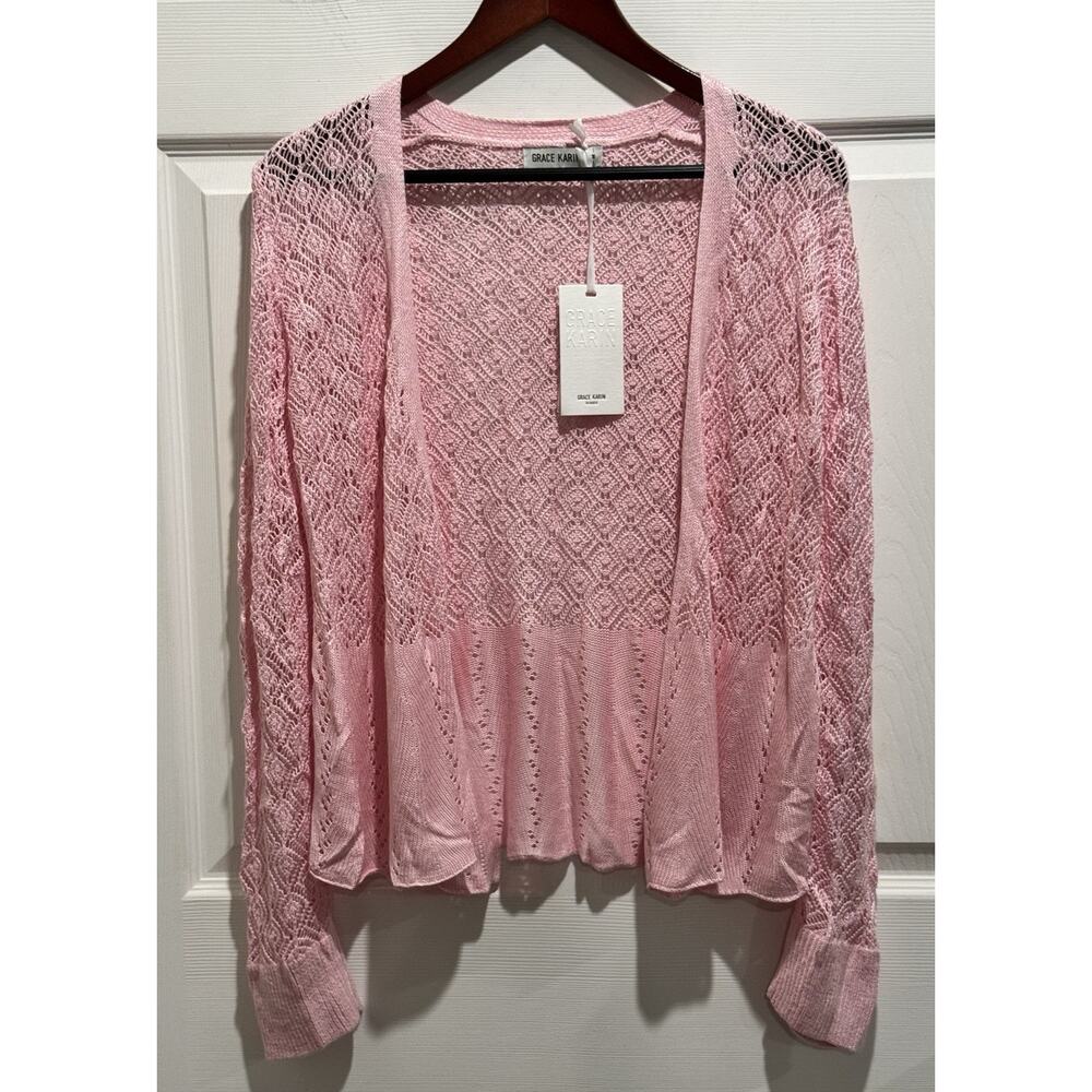 NEW Grace Karin Pink Crochet Open Front Long Sleeve Cardigan Size Medium